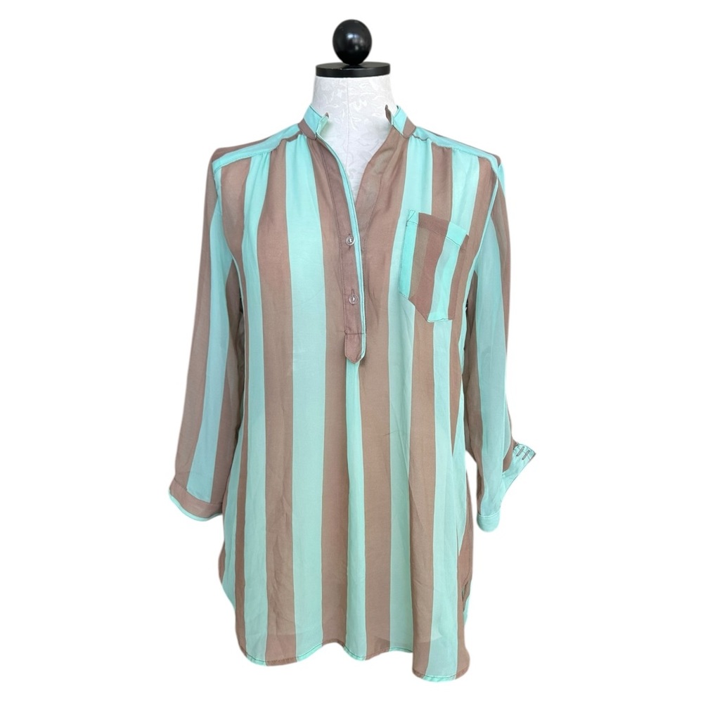 Rue21 Sheer Striped Henley Blouse Mint Green and Tan 3/4 Roll Tab Size Medium